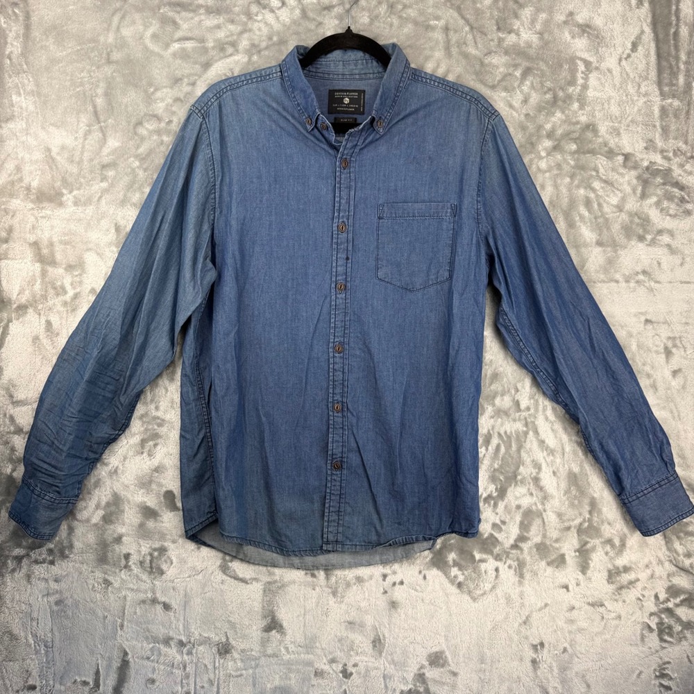 Denim & Flower Mens Blue Denim Collection Slim‎ Fit Button Down Shirt Large L